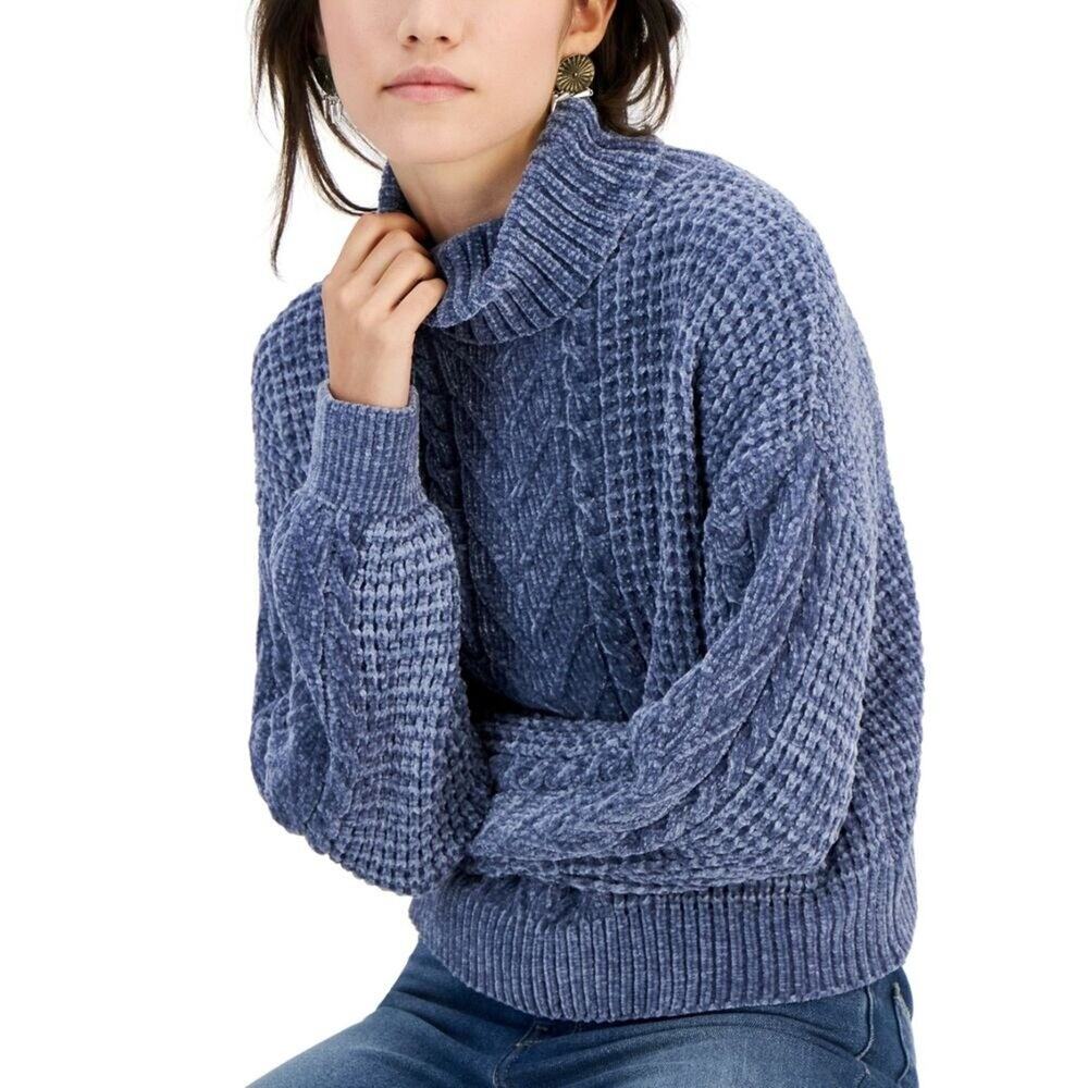 Hippie Rose Turtleneck Cable-Knit Sweater, Storm Cloud Blue, Size XL NWT